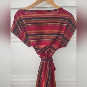 Vintage boho 70s burgundy striped day dress with waist tie belt